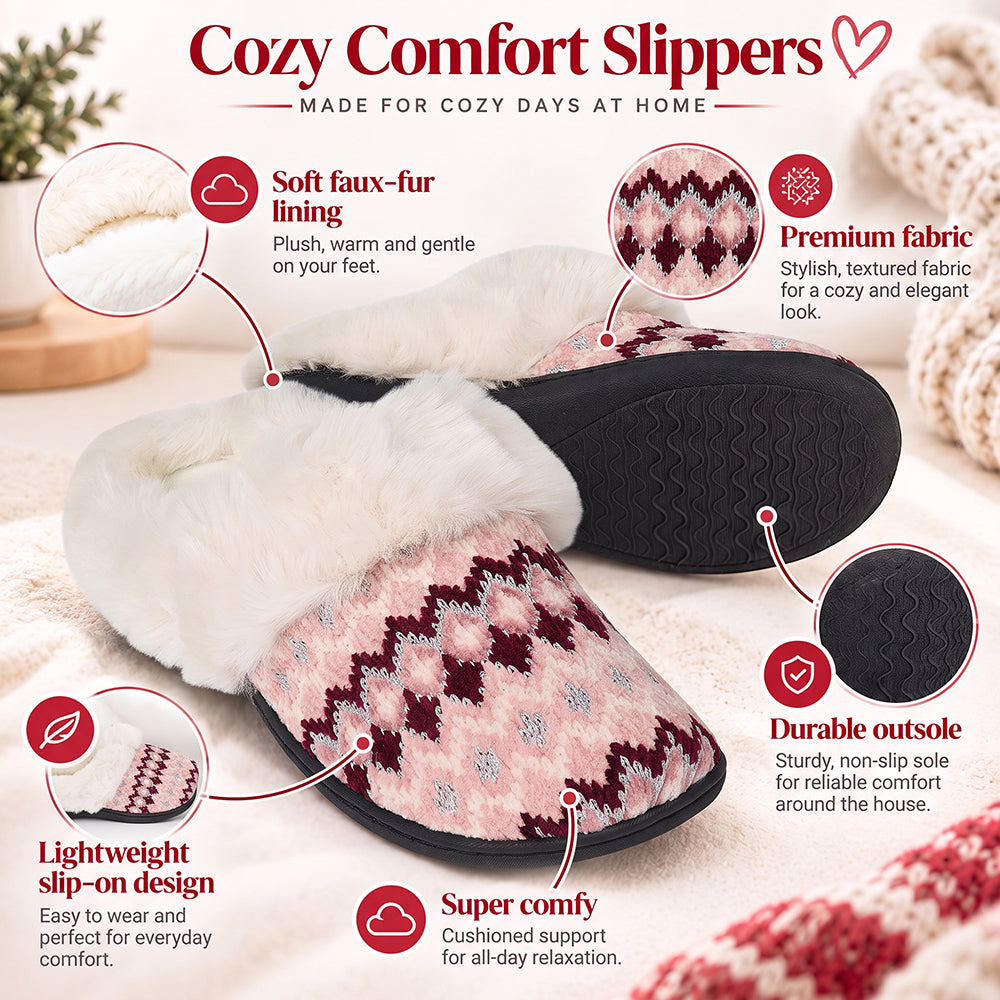 Roxoni Women's Soft Fair Isle Knit Clog Slippers with Faux Fur Collar