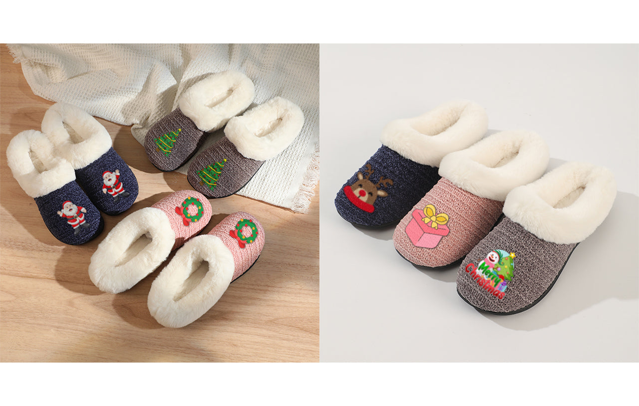 Roxoni Women’s Cozy Slippers with Soft Faux Fur Lining and Durable Indoor Outdoor Sole, Comfortable Lounge Footwear with Festive Holiday Icon Prints (Tree, Gift Box, Wreath, Santa, Reindeer), Personalized Custom Gift Slipper for Christmas
