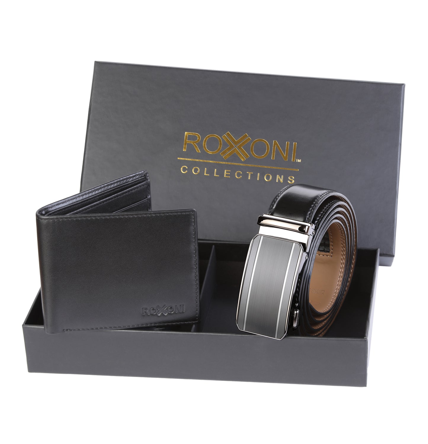 Men's Roxoni Ultra Soft Genuine Leather Rachet Belt and Wallet Gift Box
