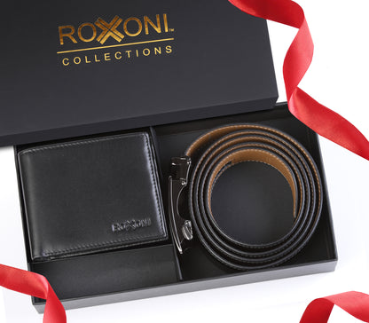 Men's Roxoni Ultra Soft Genuine Leather Rachet Belt and Wallet Gift Box