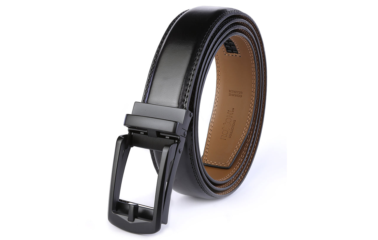 ROXONI Men's Ultra Soft Genuine Leather Ratchet Dress Belt with Automatic Buckle, Enclosed in an Elegant Gift Box