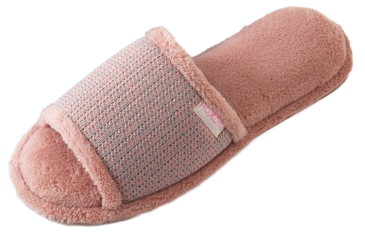 Roxoni Women’s Plush Open Toe House Slippers – Soft Memory Foam Indoor Slides with Non-Slip Sole, Cozy Breathable Open Back Design