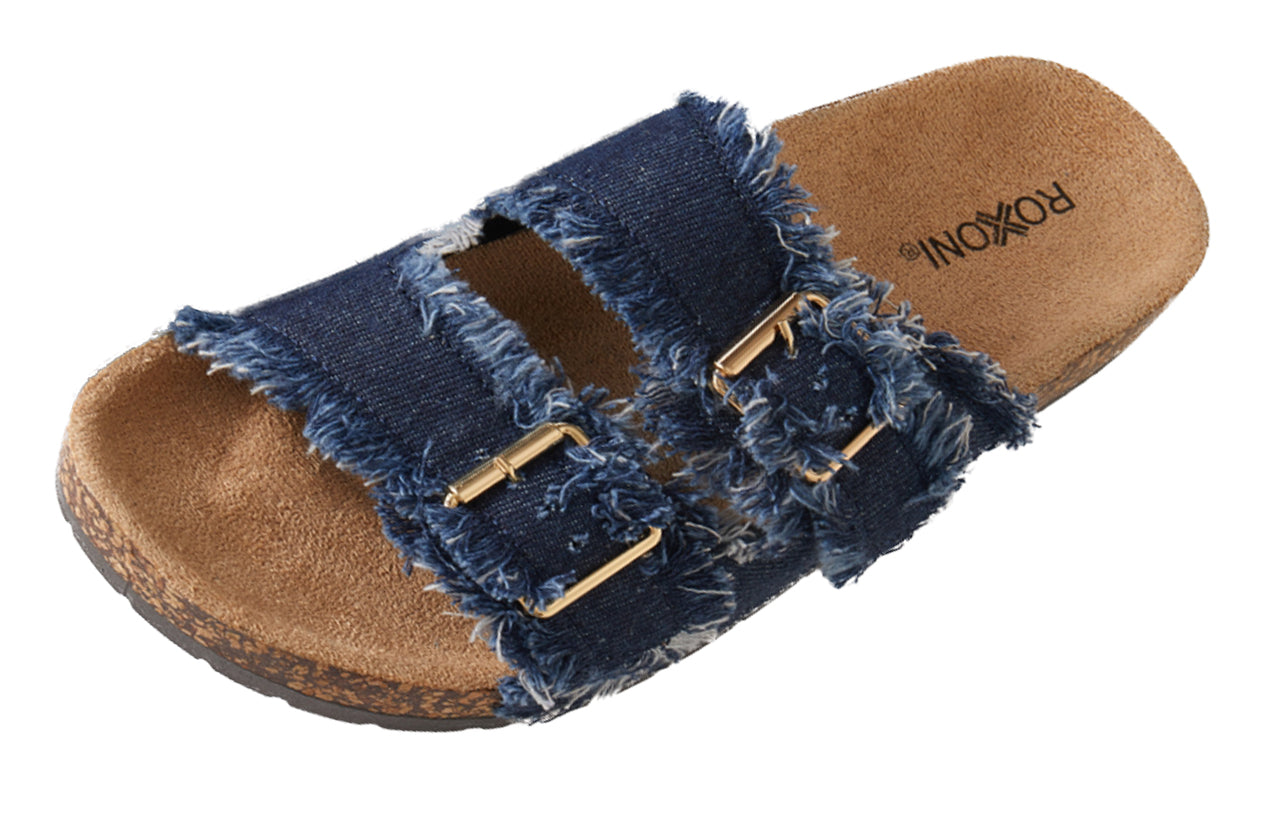Roxoni Women's Comfort Flat Sandals Double Buckle Adjustable Straps Flat Slides Footbed Suede