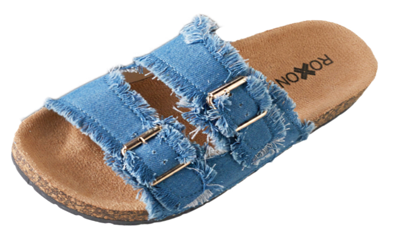 Roxoni Women's Comfort Flat Sandals Double Buckle Adjustable Straps Flat Slides Footbed Suede