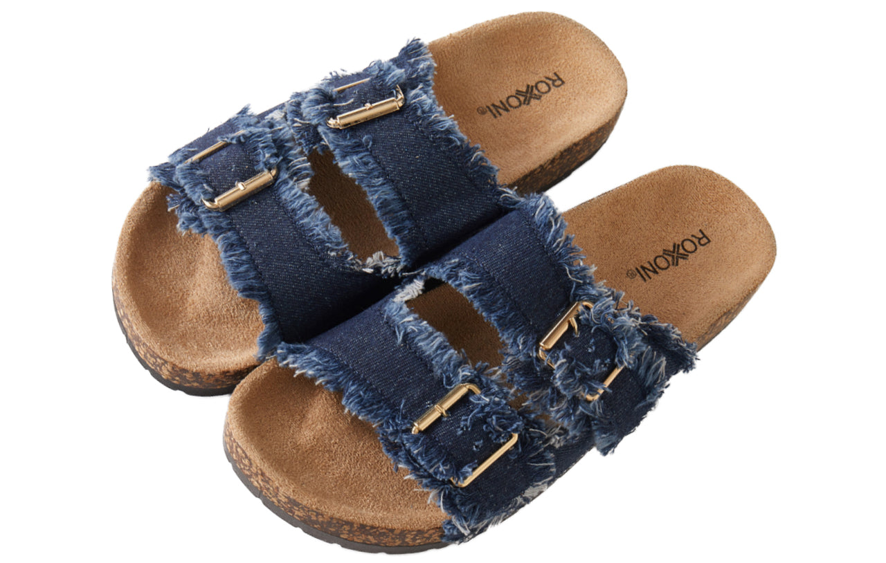 Roxoni Women's Comfort Flat Sandals Double Buckle Adjustable Straps Flat Slides Footbed Suede