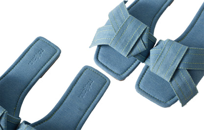 Roxoni Women's Fashion Casual Ribbon Tie Daily Wear Slide Sandal, Open Toe Denim Flat Slides