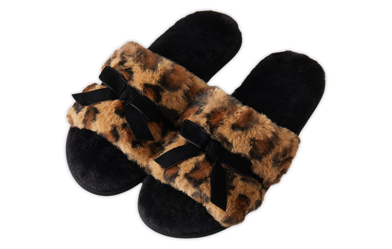 Roxoni Women’s Fuzzy Leopard Print Slippers with Bow – Cozy Plush Indoor House Slides, Soft Memory Foam, Non-Slip Sole