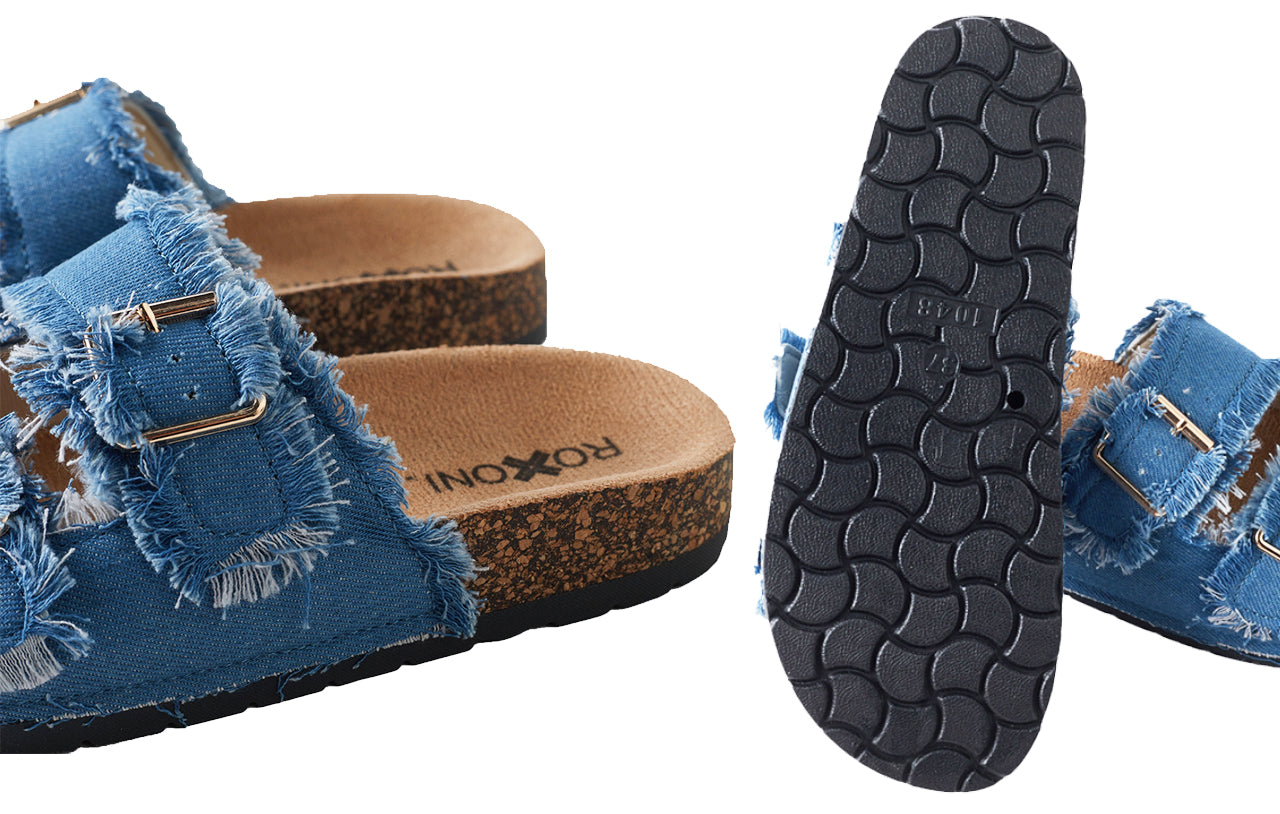 Roxoni Women's Comfort Flat Sandals Double Buckle Adjustable Straps Flat Slides Footbed Suede
