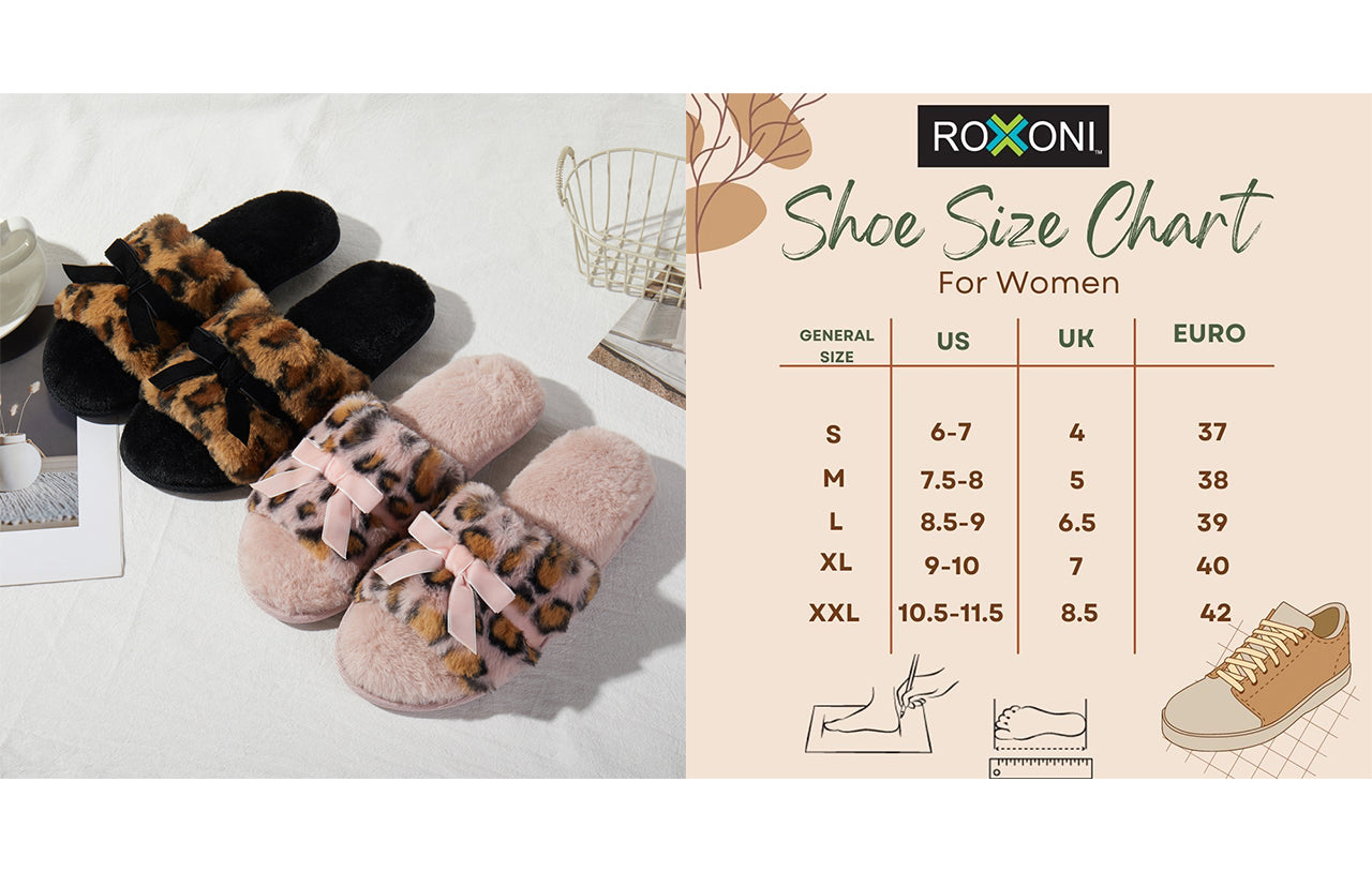 Roxoni Women’s Fuzzy Leopard Print Slippers with Bow – Cozy Plush Indoor House Slides, Soft Memory Foam, Non-Slip Sole