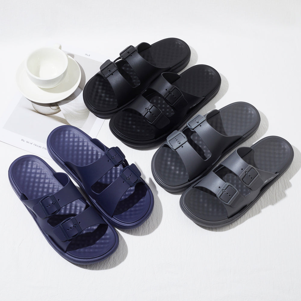 Roxoni Men’s Double Buckle Slide Sandals Lightweight Adjustable Comfort Slides Casual Indoor Outdoor Non Slip Slippers