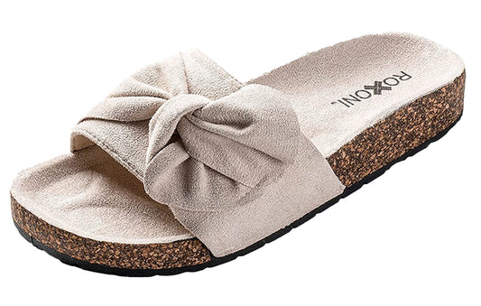 Roxoni Women Sandal Ribbon Bow Top EVA Flat Slide Footbed Suede with Arch Support Non-Slip