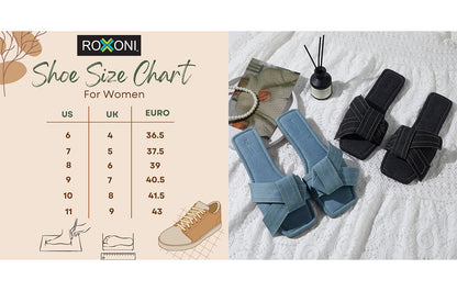 Roxoni Women's Fashion Casual Ribbon Tie Daily Wear Slide Sandal, Open Toe Denim Flat Slides
