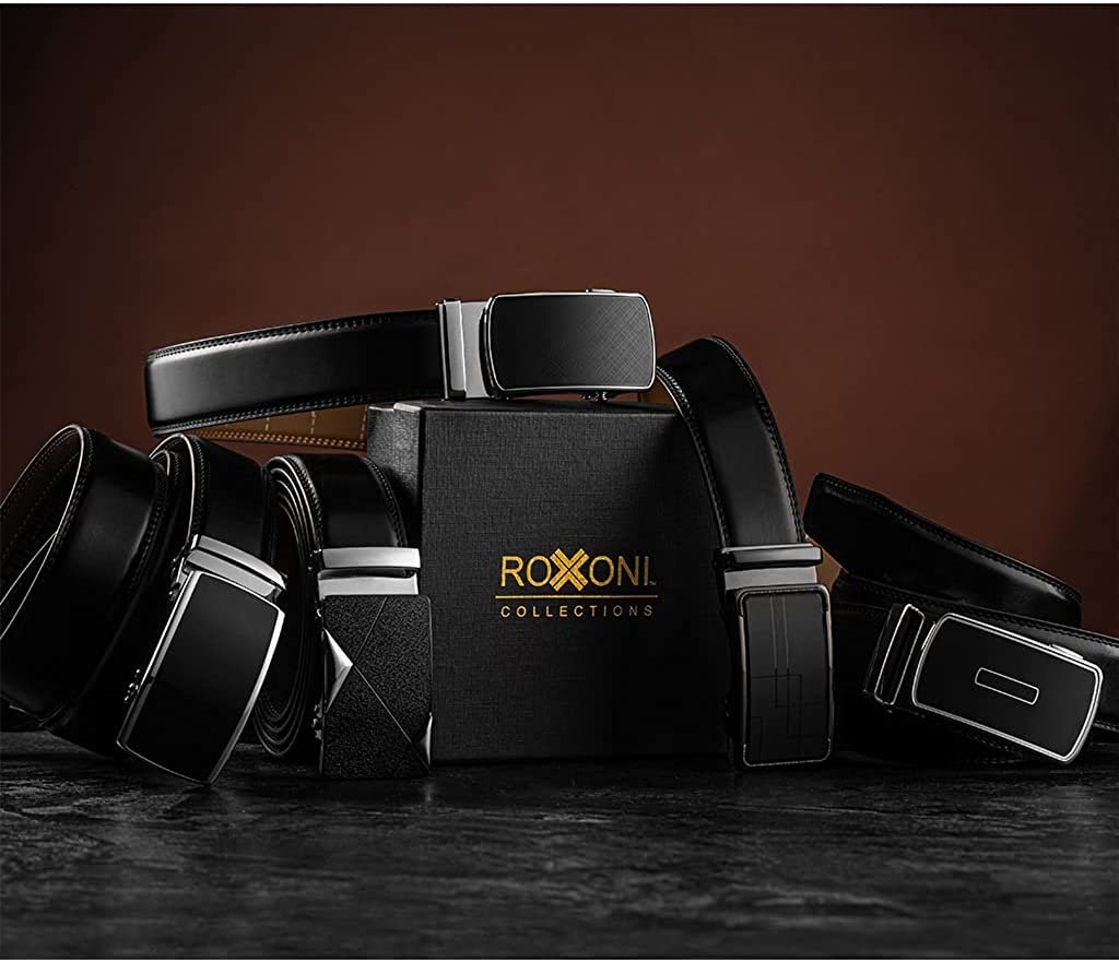 ROXONI Men's 2 Pack Ultra Soft Geniune Leather Ratchet Dress Belt with Automatic Buckle, Enclosed in an Elegant Gift Box