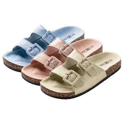 Roxoni Women Comfort Sandals Double Buckle Adjustable EVA Flat Slides Footbed Suede