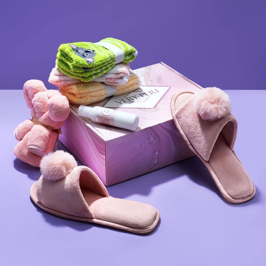 VERY PERI Luxury Pink Curated Gift Box for Her –  Assorted Gift Box with Slippers Socks Body Lotion Towel