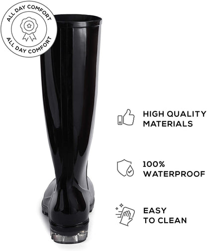 Roxoni Womens Black Rubber Rain Boots 16" Mid Calf Waterproof and Clear Sole