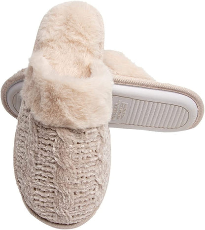 Roxoni Clog Sandals for Women – Fur Trim Slippers – Sweater Knit Slippers