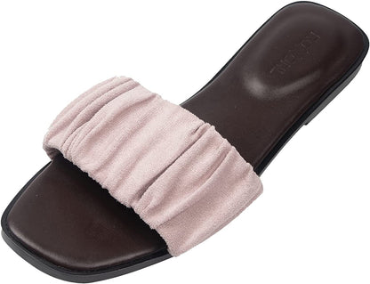 Women’s Ruched Fabric Slide Sandals Open Toe Flat Sandals with Heel Cushion