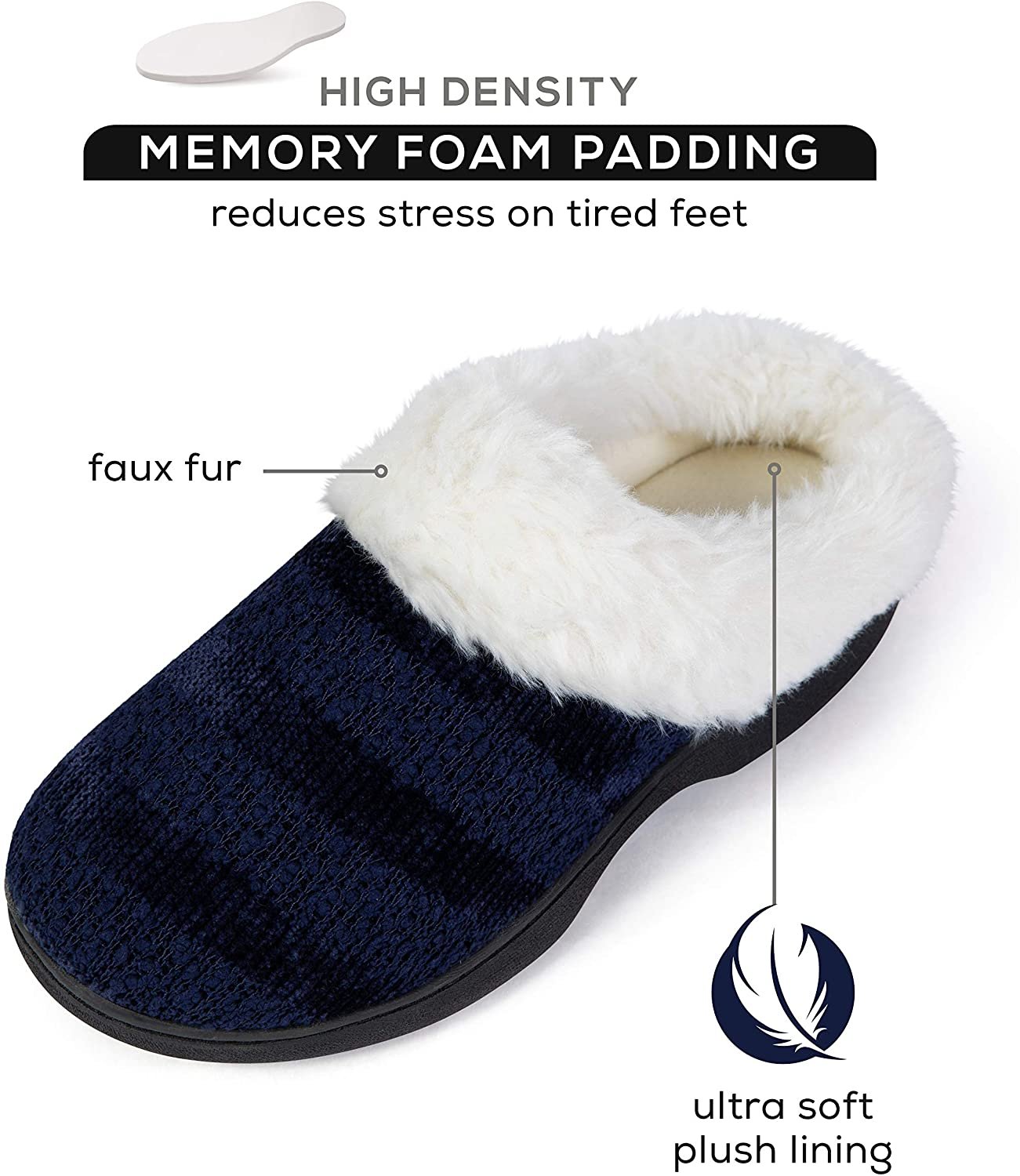 Roxoni Women’s Cozy Memory Foam Slippers, Warm Faux Fur, Indoor Outdoor Rubber Sole