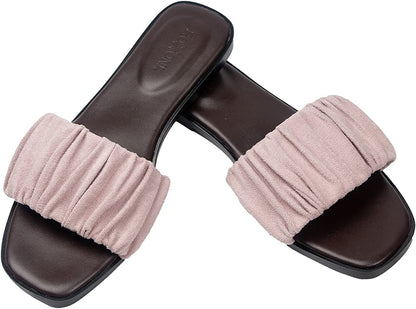 Women’s Ruched Fabric Slide Sandals Open Toe Flat Sandals with Heel Cushion