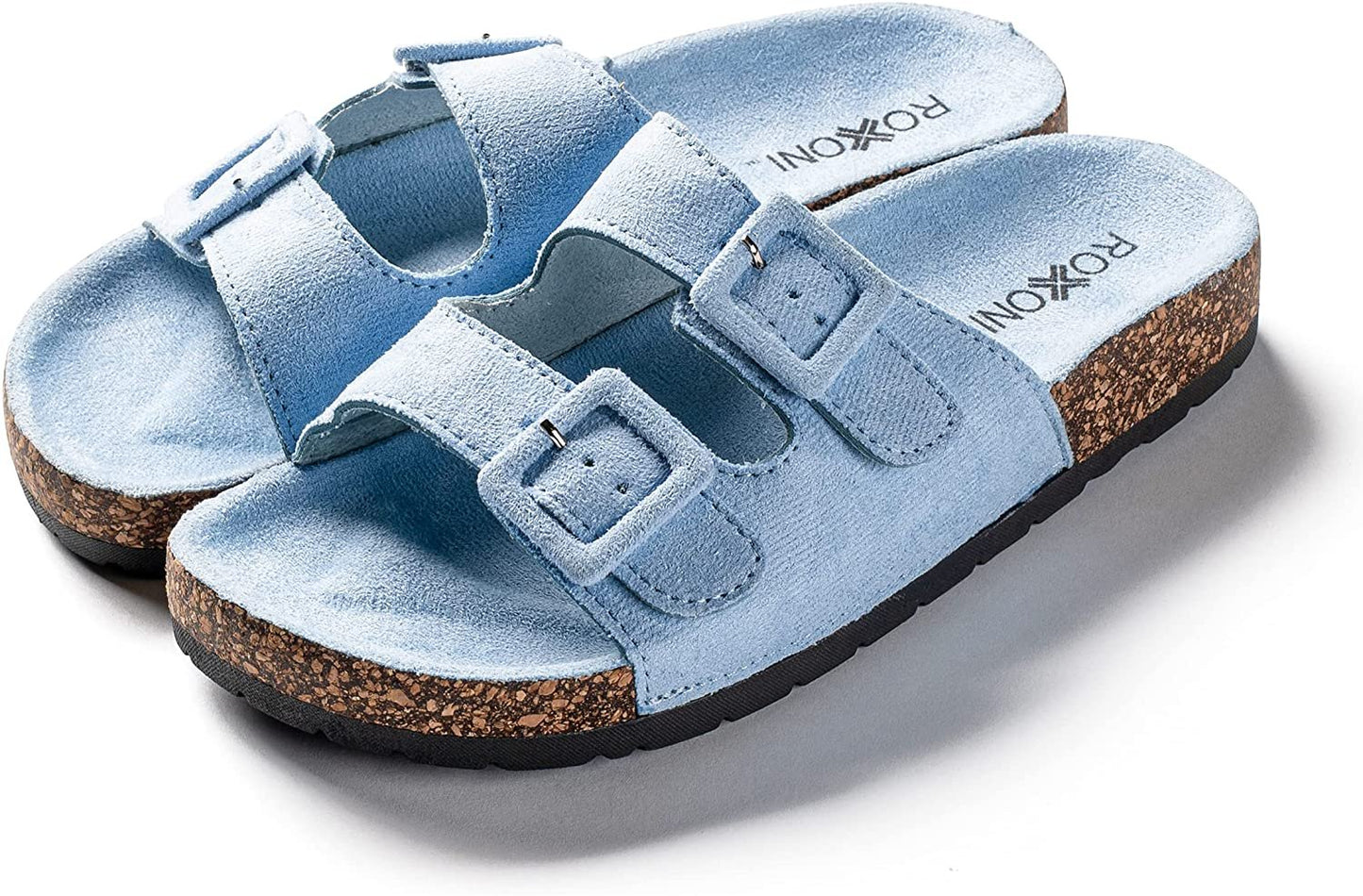 Roxoni Women Comfort Sandals Double Buckle Adjustable EVA Flat Slides Footbed Suede