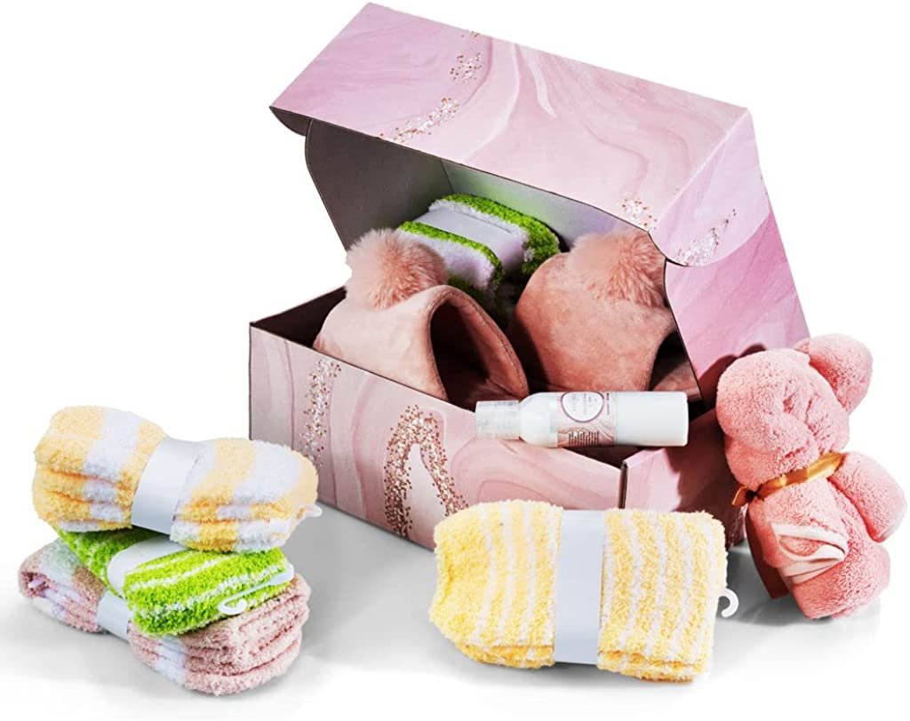 VERY PERI Luxury Pink Curated Gift Box for Her –  Assorted Gift Box with Slippers Socks Body Lotion Towel