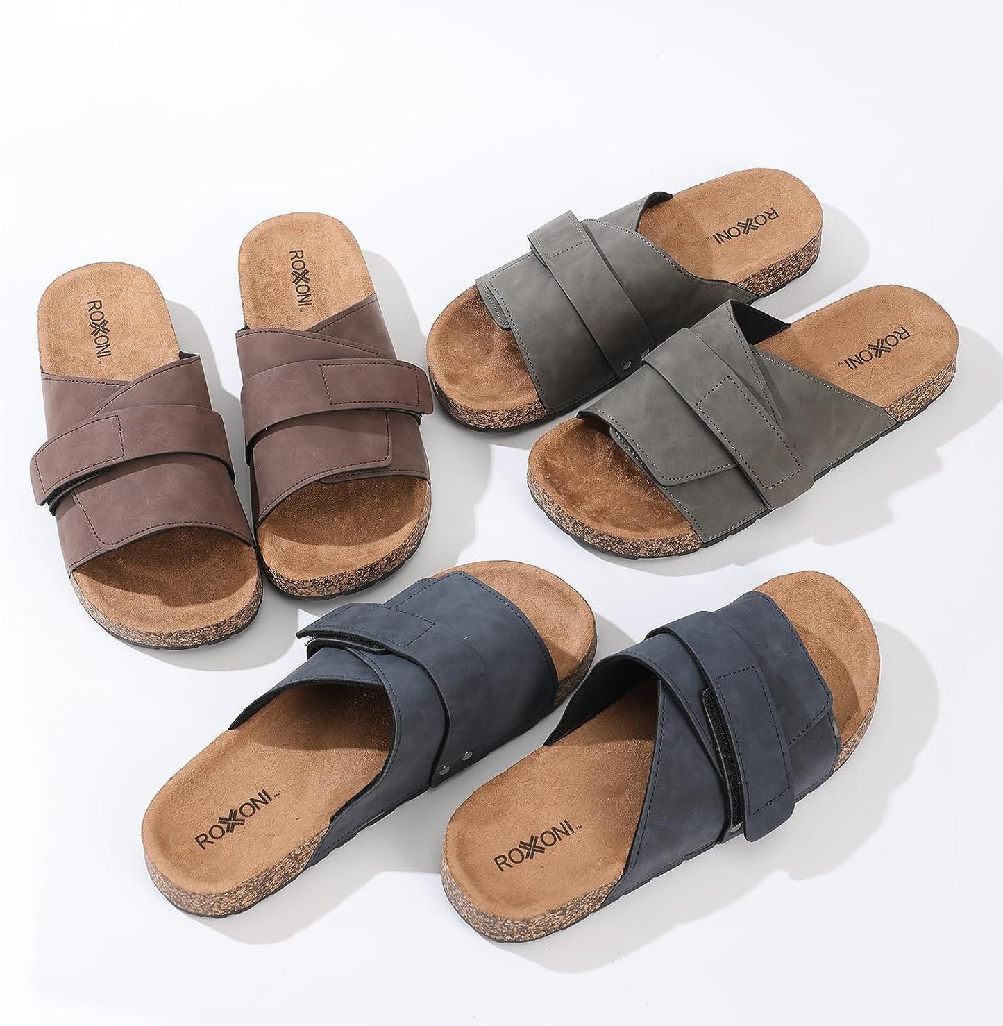 Stylish Flat Sandals for Men - Adjustable Strap, Suede Covered, Molded Faux Cork Midsole, EVA Rubber Sole