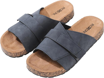 Stylish Flat Sandals for Men - Adjustable Strap, Suede Covered, Molded Faux Cork Midsole, EVA Rubber Sole