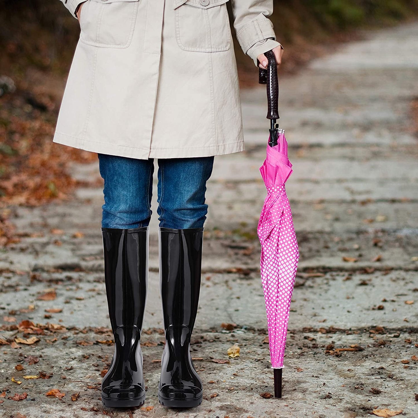 Roxoni Womens Black Rubber Rain Boots 16" Mid Calf Waterproof and Clear Sole
