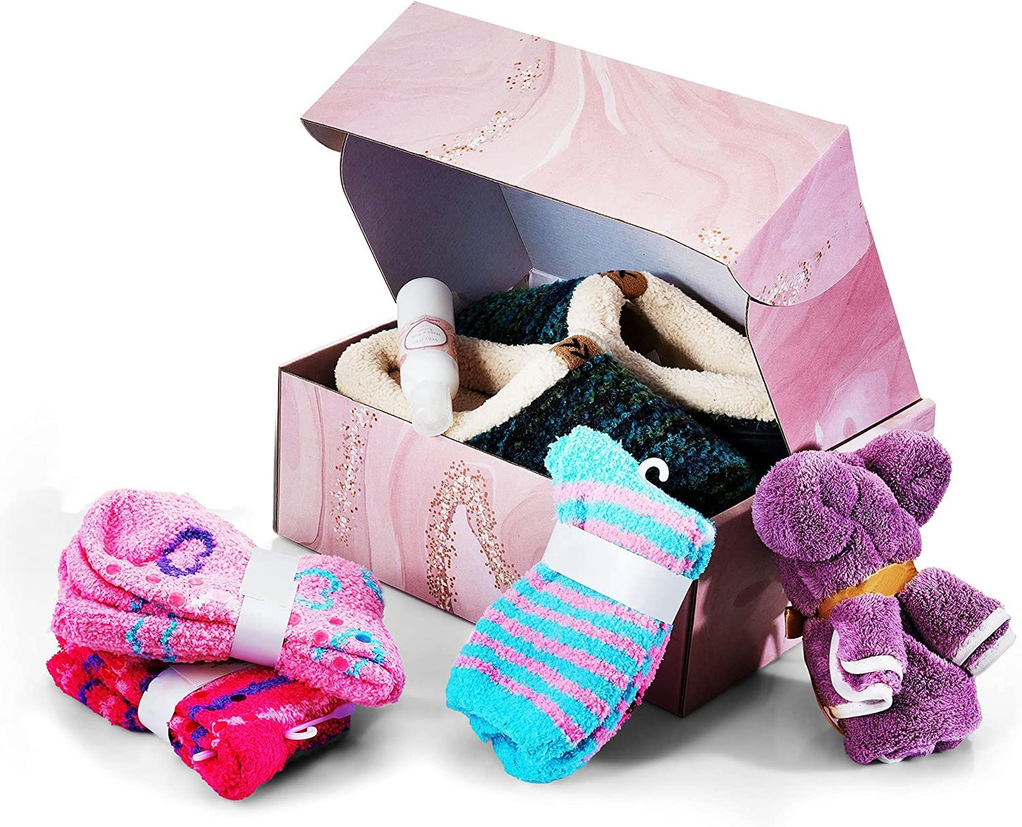 VERY PERI Luxury Curated Gift Box for Her – Gift Box for Her from The Heart – Women Pamper Gift Box for Special Occasions – Assorted Gift Box with Slippers Socks Body Lotion Towel & Message Gift Card