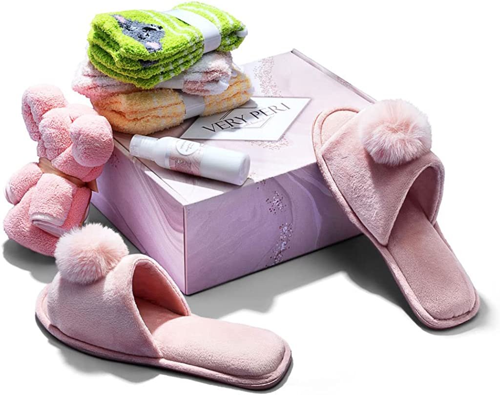 VERY PERI Luxury Pink Curated Gift Box for Her –  Assorted Gift Box with Slippers Socks Body Lotion Towel