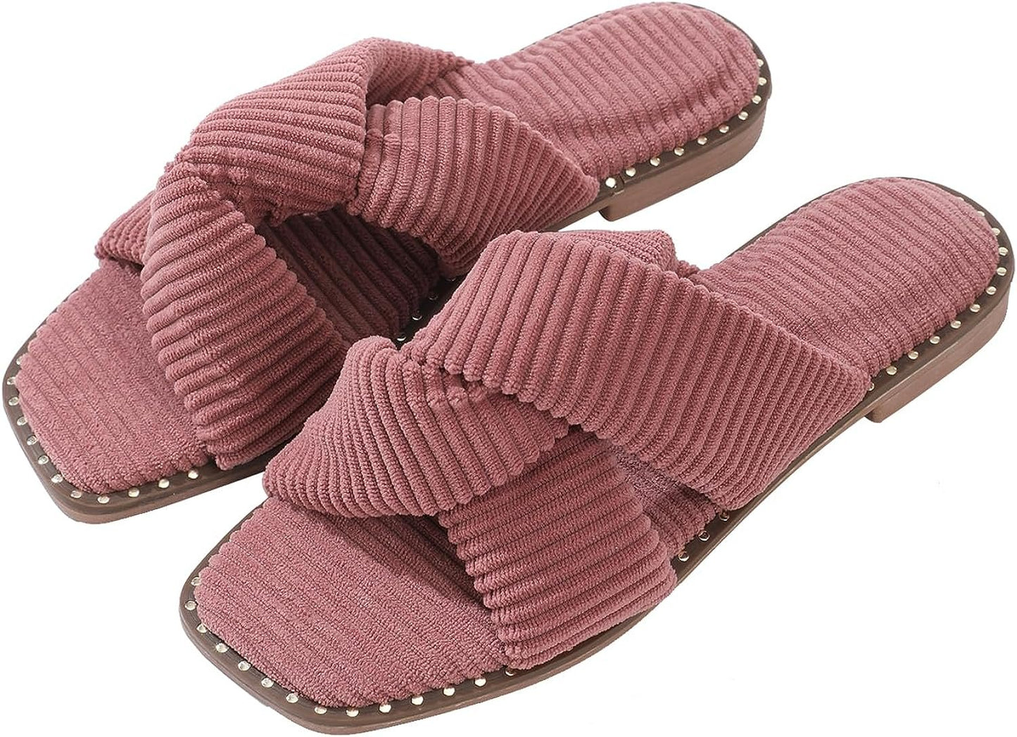 Roxoni Velvet Piping Flat Sandals for Women - Stylish Studs Around Outsole, Dressy Footwear for Summer Ideal