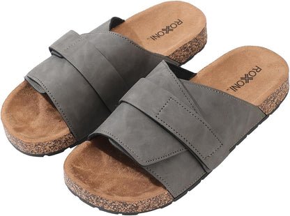Stylish Flat Sandals for Men - Adjustable Strap, Suede Covered, Molded Faux Cork Midsole, EVA Rubber Sole