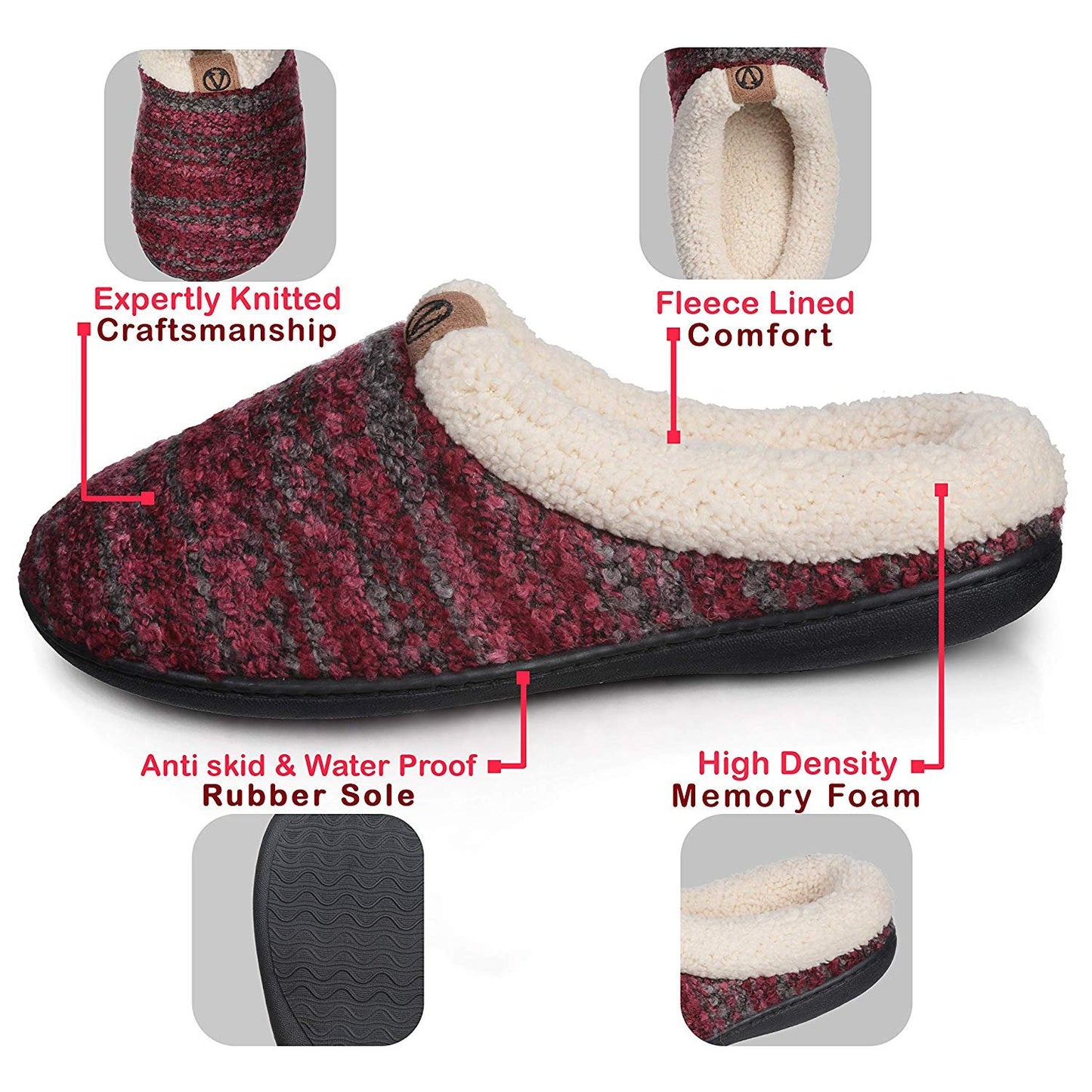 Roxoni Womens Knitted Fleece Lined Clog Slippers Warm House Shoe