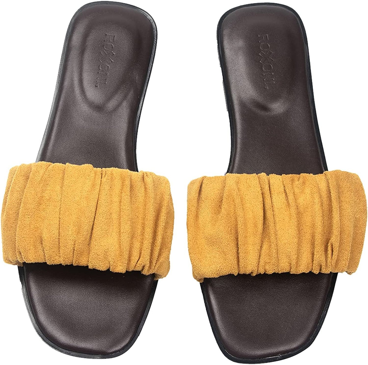 Women’s Ruched Fabric Slide Sandals Open Toe Flat Sandals with Heel Cushion