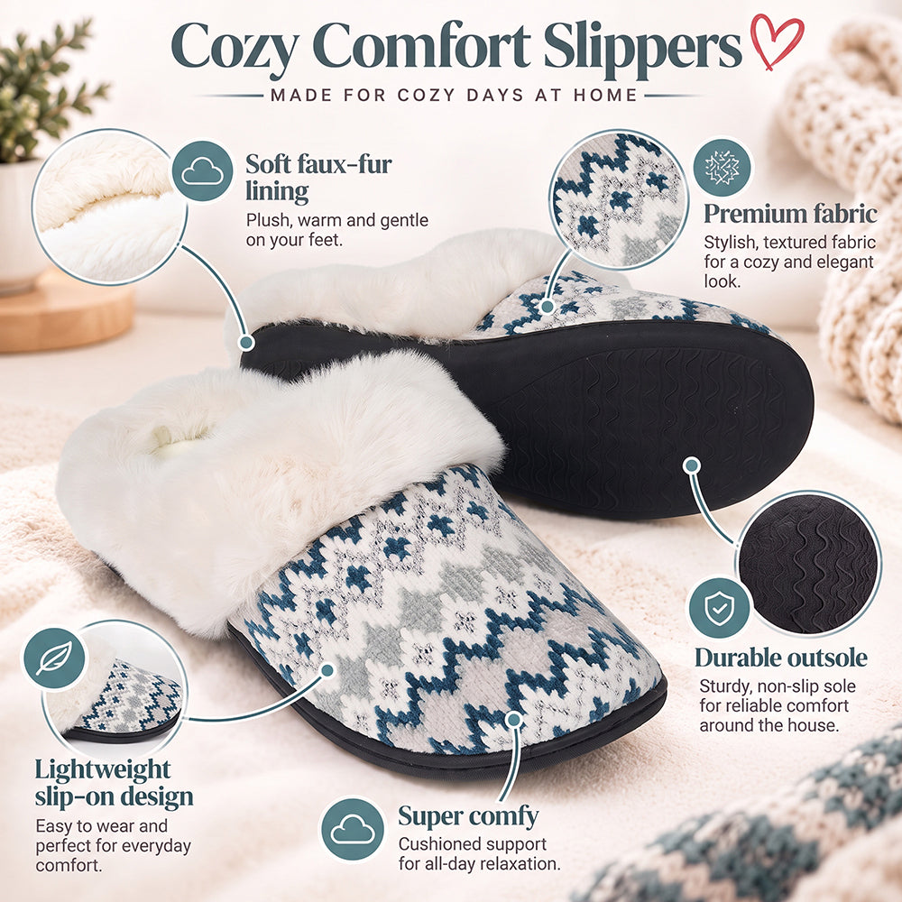 Roxoni Women's Soft Fair Isle Knit Clog Slippers with Faux Fur Collar