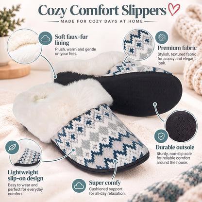 Roxoni Women's Soft Fair Isle Knit Clog Slippers with Faux Fur Collar