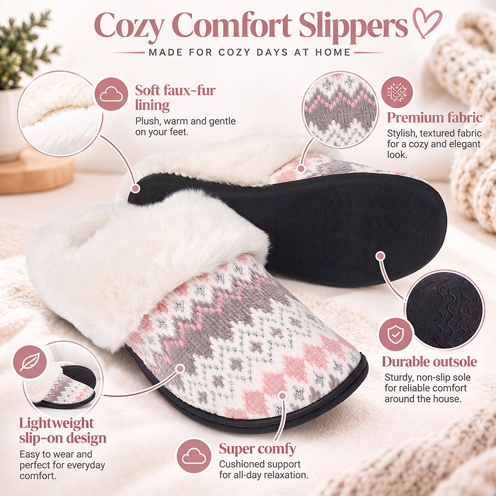 Roxoni Women's Soft Fair Isle Knit Clog Slippers with Faux Fur Collar