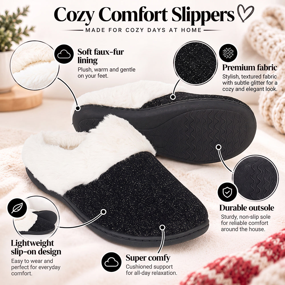 Roxoni Women’s Glitter Sparkle Ribbed Knit Clog Slippers – Memory Foam House Shoes with Plush Faux Fur Collar & Gift Box for Christmas & Holiday Gifts