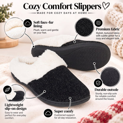Roxoni Women’s Glitter Sparkle Ribbed Knit Clog Slippers – Memory Foam House Shoes with Plush Faux Fur Collar & Gift Box for Christmas & Holiday Gifts