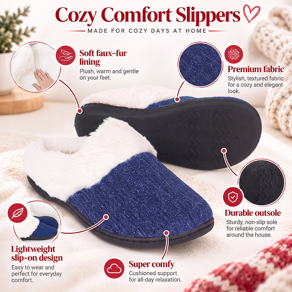 Roxoni Women’s Glitter Sparkle Ribbed Knit Clog Slippers – Memory Foam House Shoes with Plush Faux Fur Collar & Gift Box for Christmas & Holiday Gifts