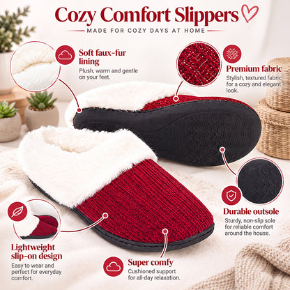 Roxoni Women’s Glitter Sparkle Ribbed Knit Clog Slippers – Memory Foam House Shoes with Plush Faux Fur Collar & Gift Box for Christmas & Holiday Gifts