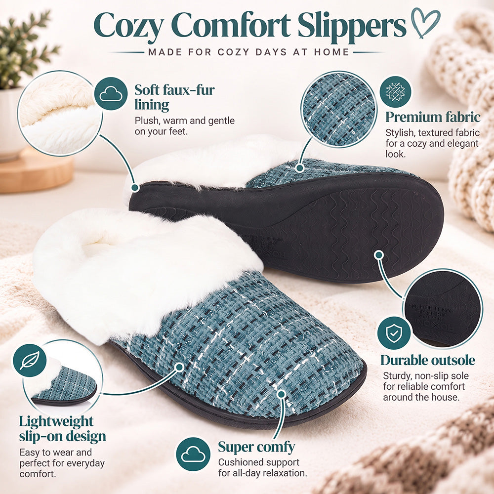 Roxoni Women’s Plaid Tweed Clog Slippers – Memory Foam House Shoes with Faux Fur Collar & Gift Box for Christmas & Holiday Gifts