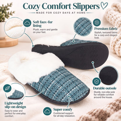 Roxoni Women’s Plaid Tweed Clog Slippers – Memory Foam House Shoes with Faux Fur Collar & Gift Box for Christmas & Holiday Gifts