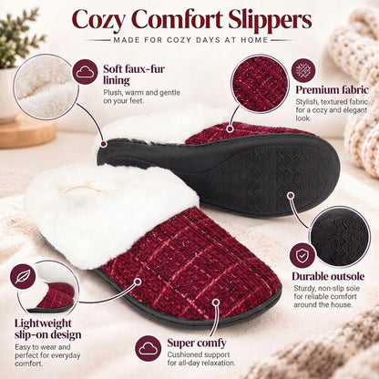 Roxoni Women’s Plaid Tweed Clog Slippers – Memory Foam House Shoes with Faux Fur Collar & Gift Box for Christmas & Holiday Gifts