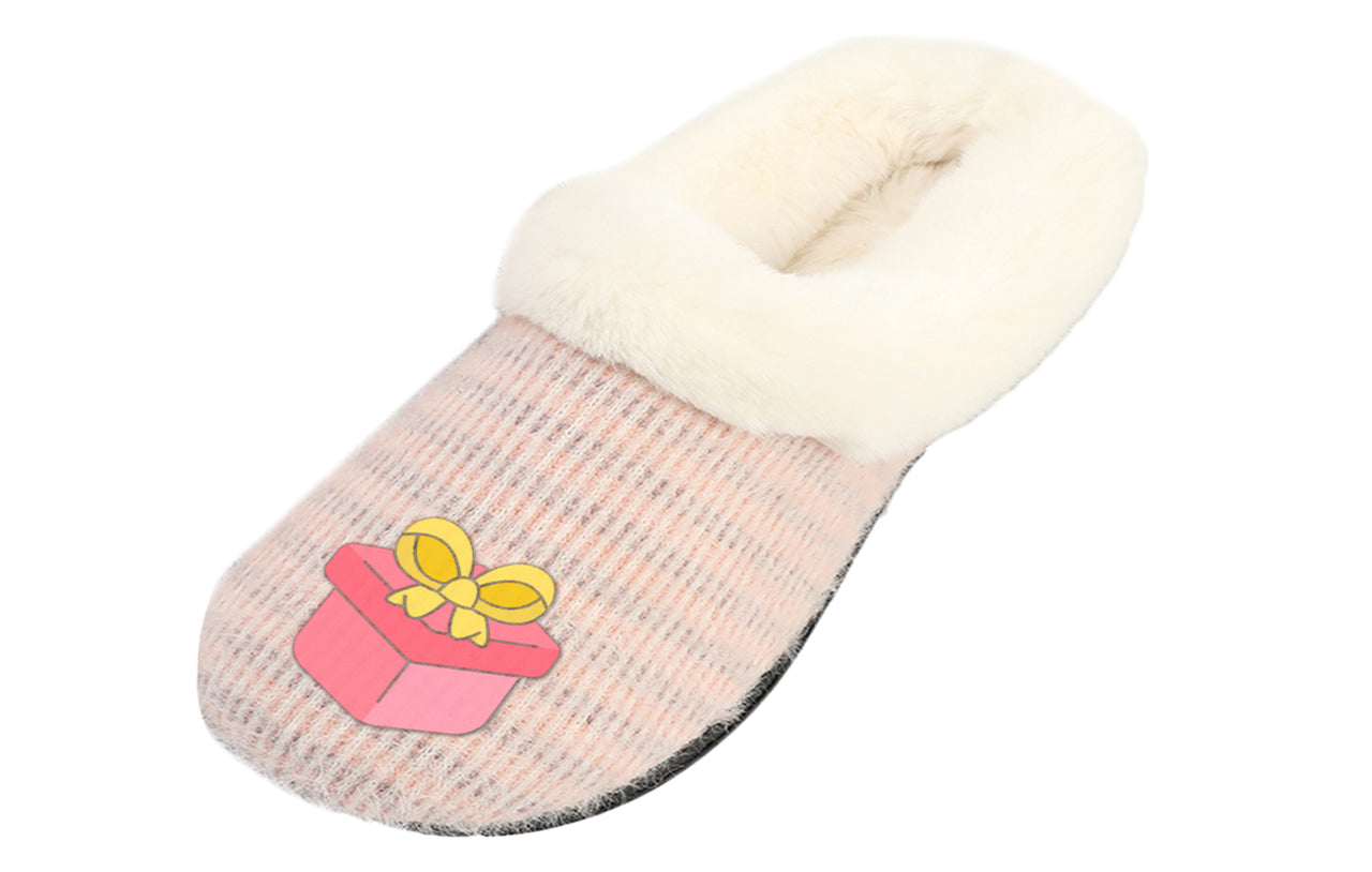 Roxoni Women’s Cozy Slippers with Soft Faux Fur Lining and Durable Indoor Outdoor Sole, Comfortable Lounge Footwear with Festive Holiday Icon Prints (Tree, Gift Box, Wreath, Santa, Reindeer), Personalized Custom Gift Slipper for Christmas