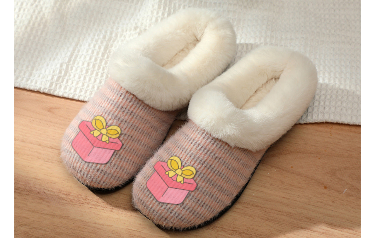 Roxoni Women’s Cozy Slippers with Soft Faux Fur Lining and Durable Indoor Outdoor Sole, Comfortable Lounge Footwear with Festive Holiday Icon Prints (Tree, Gift Box, Wreath, Santa, Reindeer), Personalized Custom Gift Slipper for Christmas