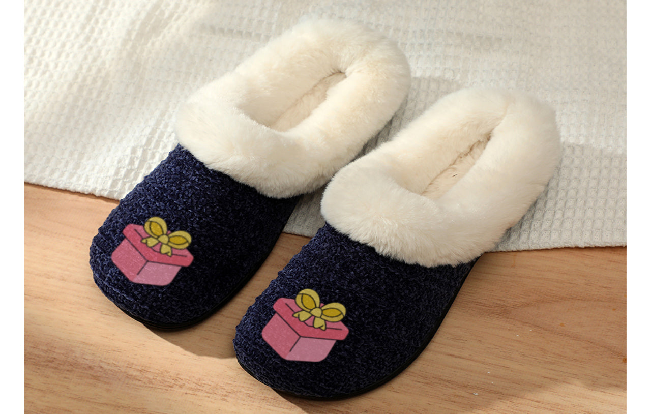 Roxoni Women’s Cozy Slippers with Soft Faux Fur Lining and Durable Indoor Outdoor Sole, Comfortable Lounge Footwear with Festive Holiday Icon Prints (Tree, Gift Box, Wreath, Santa, Reindeer), Personalized Custom Gift Slipper for Christmas