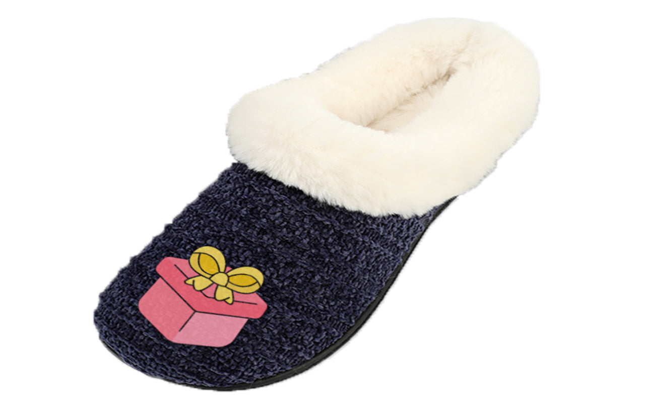 Roxoni Women’s Cozy Slippers with Soft Faux Fur Lining and Durable Indoor Outdoor Sole, Comfortable Lounge Footwear with Festive Holiday Icon Prints (Tree, Gift Box, Wreath, Santa, Reindeer), Personalized Custom Gift Slipper for Christmas