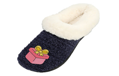 Roxoni Women’s Cozy Slippers with Soft Faux Fur Lining and Durable Indoor Outdoor Sole, Comfortable Lounge Footwear with Festive Holiday Icon Prints (Tree, Gift Box, Wreath, Santa, Reindeer), Personalized Custom Gift Slipper for Christmas